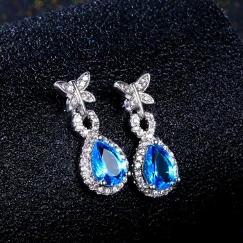 Wholesale Blue Gemstone Earrings For Women Pure 925 Sterling Silver Aquamarine Drop Earrings Fashion Christmas Jewelry Gift NEW