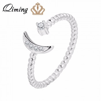 QIMING CZ Statement Crystal Ring Silver Jewelry White CZ Twisted Roped Crescent Moon Star Rings Women Adjustable Charming Gift