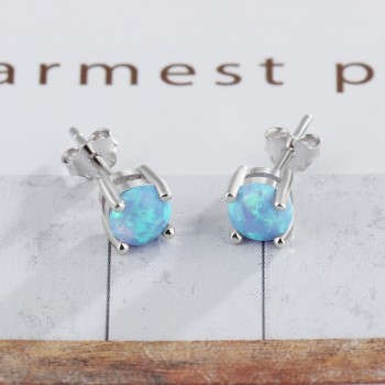 Cute 5mm Round Created Blue Pink White Opal Earrings for Women 925 Sterling Silver Stud Earrings Small Earrings (Lam Hub Fong)
