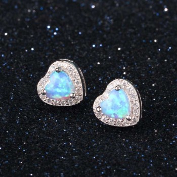 925 Sterling Silver Blue Pink White Opal Heart Stud Earrings Cubic Zirconia Jewelry Romantic Anniversary Gifts (Lam Hub Fong)