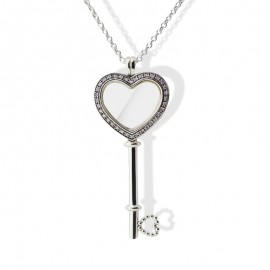 Genuine 925 Sterling Silver Pink CZ Large Floating Charm Locket Heart Key Pendant Necklaces for Women Original Jewelry Gift