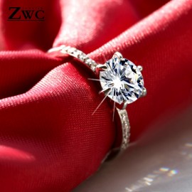 ZWC Classic Luxury 6 Claws Design AAA Cubic Zircon Engagement Ring for Women and Girl Party Fashion Crystal Silver Rings Jewelry