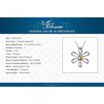 JewelryPalace Round 0.14ct Created Orange Sapphire Flower Pendant Fashion 925 Sterling Silver Fine Jewelry Not Include the Chain