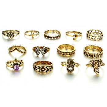 HuaTang Antique Gold Silver Moon Crown Crystal Ring Knuckle Wedding Ring Set Steampunk Anillos Anel Rings Jewelry 4096