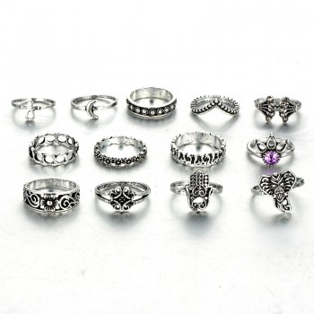 HuaTang Antique Gold Silver Moon Crown Crystal Ring Knuckle Wedding Ring Set Steampunk Anillos Anel Rings Jewelry 4096