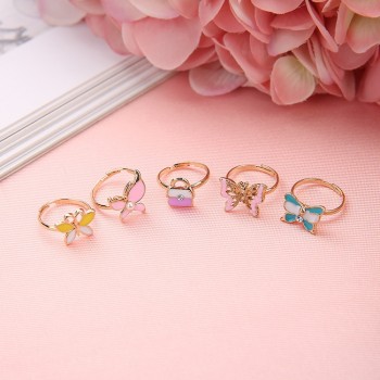 5pcs Trendy Children Kids Sweet Cute Adjustable Cartoon Crystal Alloy animal Enamel Rings Fashion Jewelry Girl Gifts Randomly
