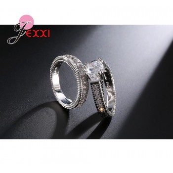 JEXXI Romantic 2PCS Couple Ring Set Best Quality 925 Sterling Silver Stamp Cubic Zirconia Women Engagement Rings Wedding Jewelry