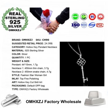 OMHXZJ Wholesale Personality Fashion OL Woman Girl Party Gift Silver Hollow Key 925 Sterling Silver Charm Pendant Necklace CH90