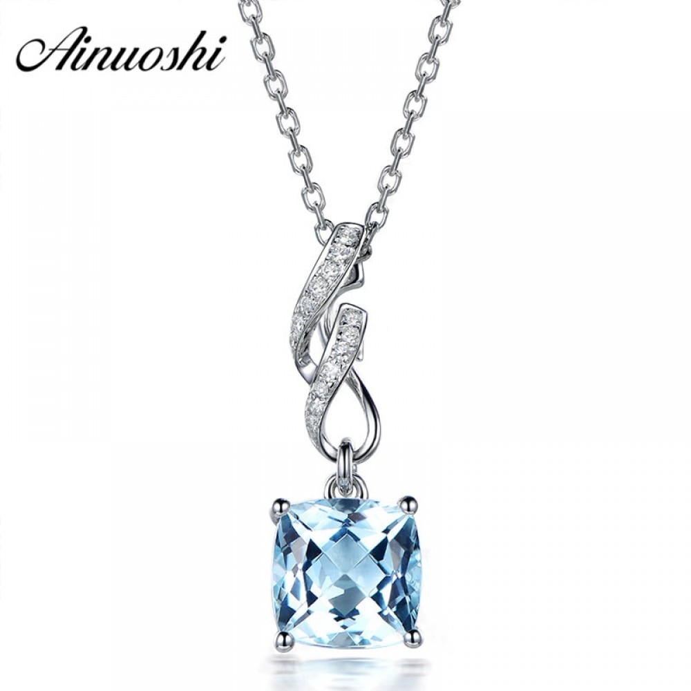 AINUOSHI 2 Carat Cushion Cut Natural Sky Blue Topaz Pendant 925 Silver Pendant Necklace Party Jewelry 925 Silver Engagement Gift