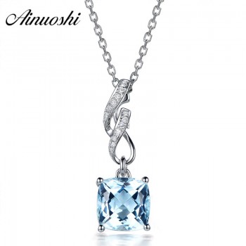 AINUOSHI 2 Carat Cushion Cut Natural Sky Blue Topaz Pendant 925 Silver Pendant Necklace Party Jewelry 925 Silver Engagement Gift