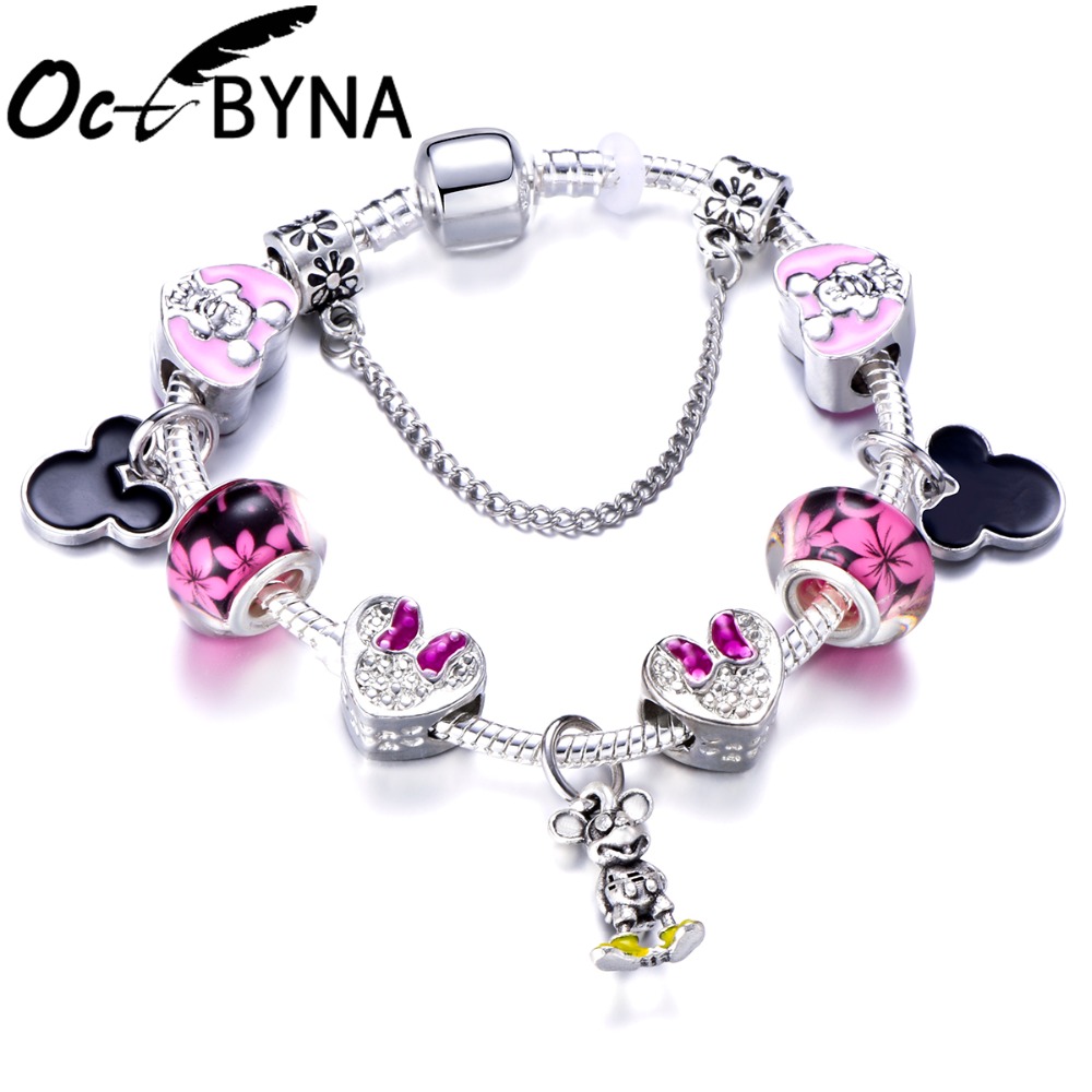 17 Styles Mickey Series Charm Bracelet For Women Kids Silver Color Minnie Mouse Chain Pandora Braceletamp;Bangles Femme Jewelry