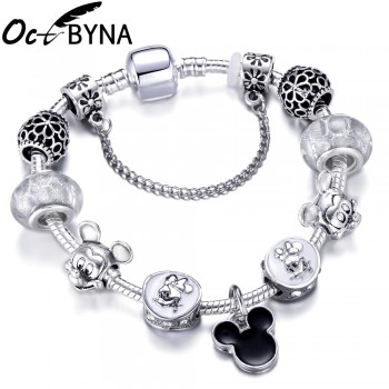 17 Styles Mickey Series Charm Bracelet For Women Kids Silver Color Minnie Mouse Chain Pandora Braceletamp;Bangles Femme Jewelry