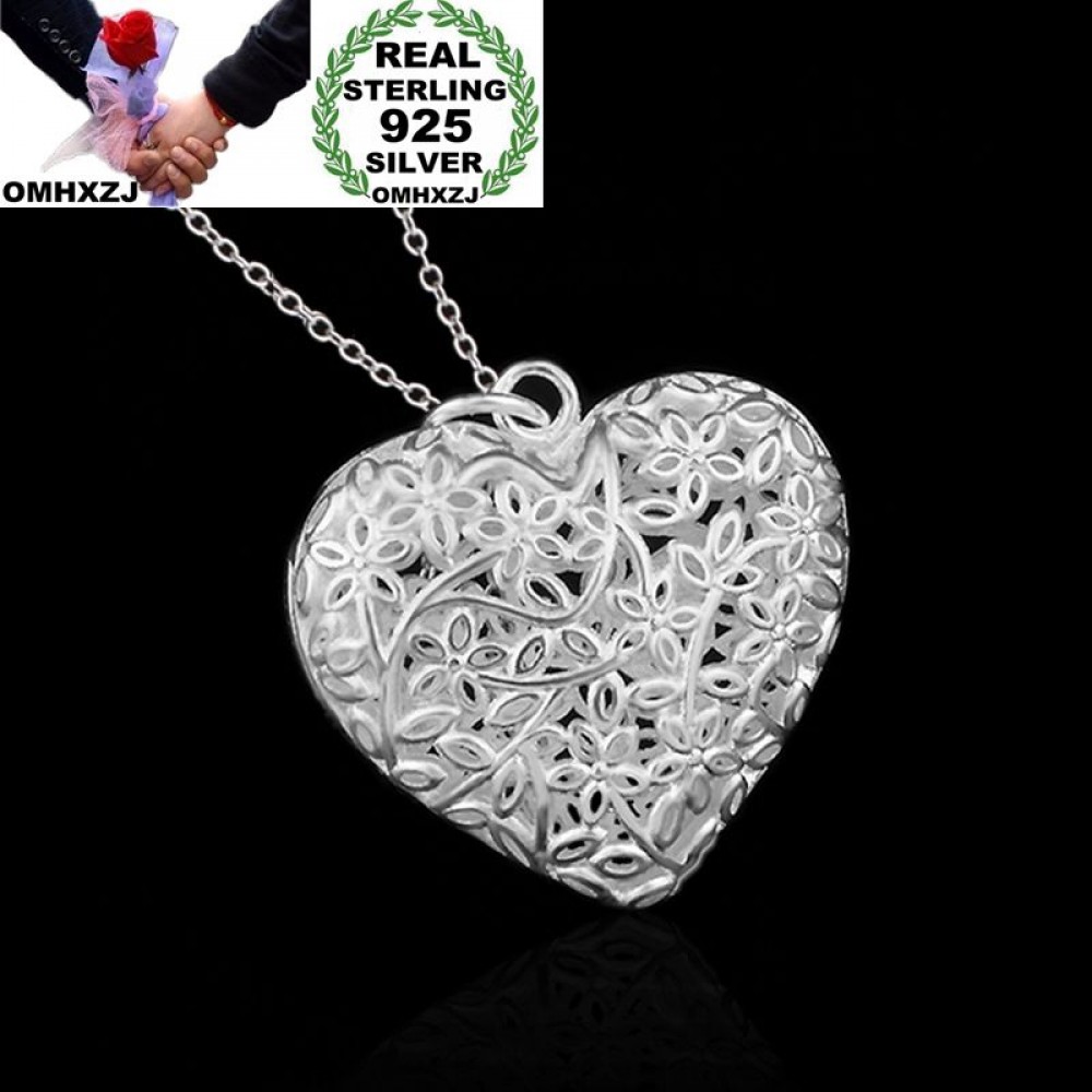 OMHXZJ Wholesale Personality Fashion Woman Girl Party Gift Silver Hollow Heart 925 Sterling Silver Charm Pendant Necklace CH61