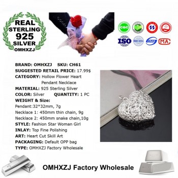 OMHXZJ Wholesale Personality Fashion Woman Girl Party Gift Silver Hollow Heart 925 Sterling Silver Charm Pendant Necklace CH61