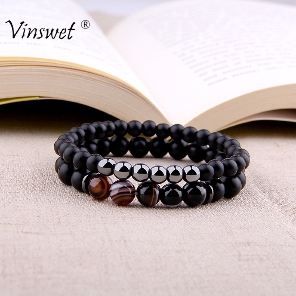 Fashion 2pcs/set Striped Agates Matte Black Onyx Beads Bracelet for Womenamp;Mens Hematite Energy Jewelry Pulseras Masculina