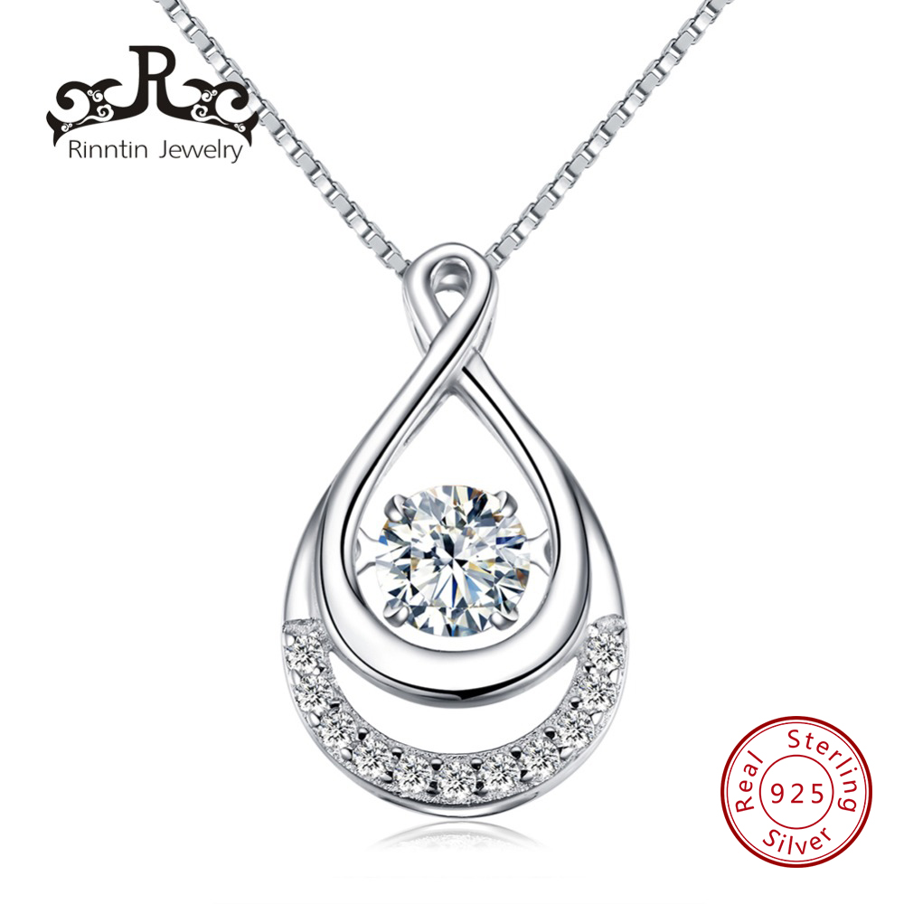 Rinntin Real S925 Sterling Silver Necklace Water Drop Pendant with Movable White Cubic Zircon Women Anniversary Gift TSN50