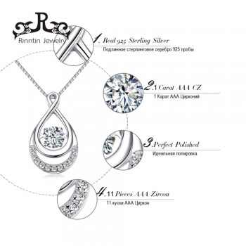 Rinntin Real S925 Sterling Silver Necklace Water Drop Pendant with Movable White Cubic Zircon Women Anniversary Gift TSN50
