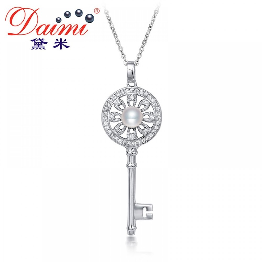 DAIMI 925 Sterling Silver Jewelry Pendant Necklace Shiny Key Pendant 5-6mm White Pearl Pendant