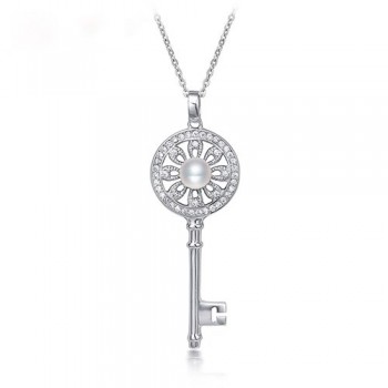 DAIMI 925 Sterling Silver Jewelry Pendant Necklace Shiny Key Pendant 5-6mm White Pearl Pendant