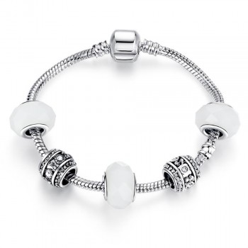 Original Silver 925 Crystal Four Leaf Clover Bracelet with Clear Murano Glass Beads Charm Bracelet Bangle for Women DIY Jewelry