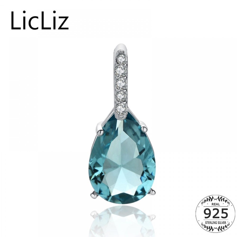 LicLiz 925 Sterling Silver Big Water Drop Pendant Charm Necklace CZ Long Women DIY Blue Quartz Crystal Necklace Pendants LP0251