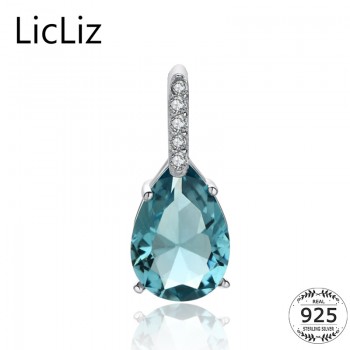 LicLiz 925 Sterling Silver Big Water Drop Pendant Charm Necklace CZ Long Women DIY Blue Quartz Crystal Necklace Pendants LP0251