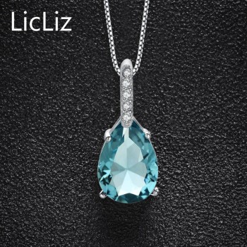 LicLiz 925 Sterling Silver Big Water Drop Pendant Charm Necklace CZ Long Women DIY Blue Quartz Crystal Necklace Pendants LP0251