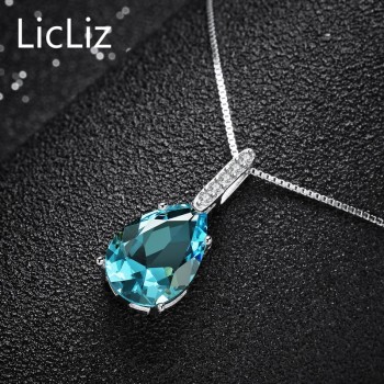 LicLiz 925 Sterling Silver Big Water Drop Pendant Charm Necklace CZ Long Women DIY Blue Quartz Crystal Necklace Pendants LP0251