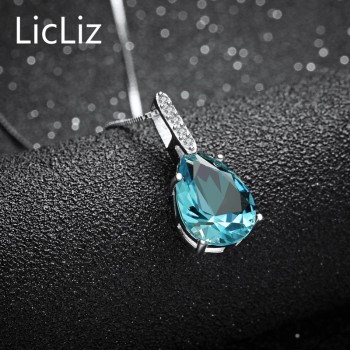 LicLiz 925 Sterling Silver Big Water Drop Pendant Charm Necklace CZ Long Women DIY Blue Quartz Crystal Necklace Pendants LP0251