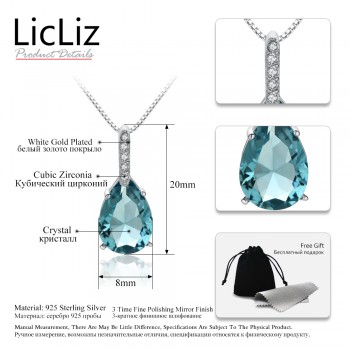 LicLiz 925 Sterling Silver Big Water Drop Pendant Charm Necklace CZ Long Women DIY Blue Quartz Crystal Necklace Pendants LP0251