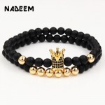 Fashion 2PCS/Set Couple His Hers 6mm Stone Bead CZ Crown Bracelet Men Charm Strand Bracelet Handmade Men Wristband Jewelry Gifts
