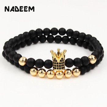 Fashion 2PCS/Set Couple His Hers 6mm Stone Bead CZ Crown Bracelet Men Charm Strand Bracelet Handmade Men Wristband Jewelry Gifts
