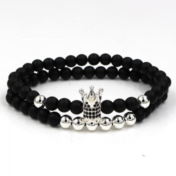 Fashion 2PCS/Set Couple His Hers 6mm Stone Bead CZ Crown Bracelet Men Charm Strand Bracelet Handmade Men Wristband Jewelry Gifts