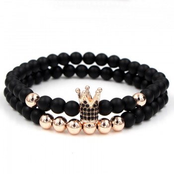 Fashion 2PCS/Set Couple His Hers 6mm Stone Bead CZ Crown Bracelet Men Charm Strand Bracelet Handmade Men Wristband Jewelry Gifts