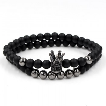 Fashion 2PCS/Set Couple His Hers 6mm Stone Bead CZ Crown Bracelet Men Charm Strand Bracelet Handmade Men Wristband Jewelry Gifts