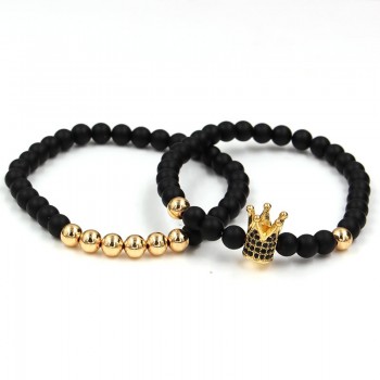 Fashion 2PCS/Set Couple His Hers 6mm Stone Bead CZ Crown Bracelet Men Charm Strand Bracelet Handmade Men Wristband Jewelry Gifts