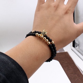 Fashion 2PCS/Set Couple His Hers 6mm Stone Bead CZ Crown Bracelet Men Charm Strand Bracelet Handmade Men Wristband Jewelry Gifts