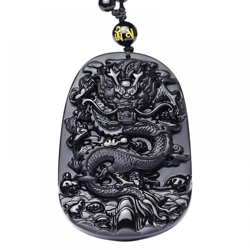 Natural Black Obsidian Carved Dragon Necklace Pendant Brave Man Amulet Lucky Gift Energy Stone Healing Fine Fishion Jewelry