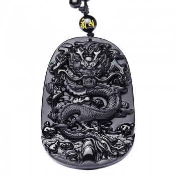 Natural Black Obsidian Carved Dragon Necklace Pendant Brave Man Amulet Lucky Gift Energy Stone Healing Fine Fishion Jewelry