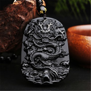 Natural Black Obsidian Carved Dragon Necklace Pendant Brave Man Amulet Lucky Gift Energy Stone Healing Fine Fishion Jewelry