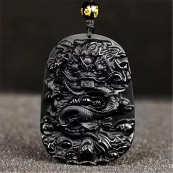 Natural Black Obsidian Carved Dragon Necklace Pendant Brave Man Amulet Lucky Gift Energy Stone Healing Fine Fishion Jewelry