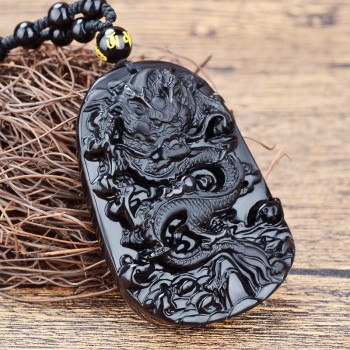Natural Black Obsidian Carved Dragon Necklace Pendant Brave Man Amulet Lucky Gift Energy Stone Healing Fine Fishion Jewelry