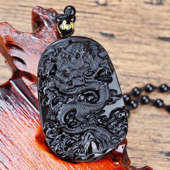 Natural Black Obsidian Carved Dragon Necklace Pendant Brave Man Amulet Lucky Gift Energy Stone Healing Fine Fishion Jewelry