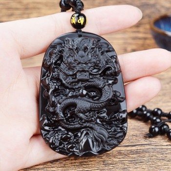 Natural Black Obsidian Carved Dragon Necklace Pendant Brave Man Amulet Lucky Gift Energy Stone Healing Fine Fishion Jewelry