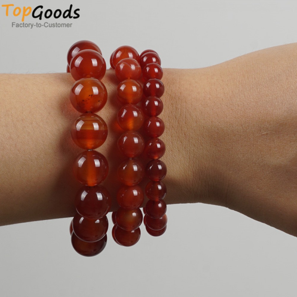 TopGoods Natural Red Agate Beaded Bracelet Women Jewelry 8/10/12mm Pulseira Masculina Stretch Carnelian Bracelet For Men