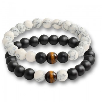 2 Pcs/set Fashion Couple Tiger Eye Stone Bracelets Bangles Classic Black White Natural Lava Stones Charm Bead Bracelet Women Men