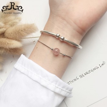 Rinntin Real 925 Sterling Silver Women Charm Bracelets Pink Quartz Silver Color Female Wedding amp; Engagement Fine Jewelry TPSB09