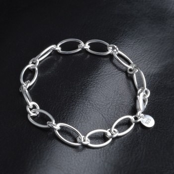 OMHXZJ Wholesale Personality Fashion OL Woman Girl Party Gift Silver Oval Circles Chain Thick 925 Sterling Silver Bracelet BR118