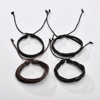 Vintage Handmade Feather Multilayer Leather Bracelet Sets Men Fashion Braiding Coffee Rope Wrap Bracelets amp; Bangles Male Gift
