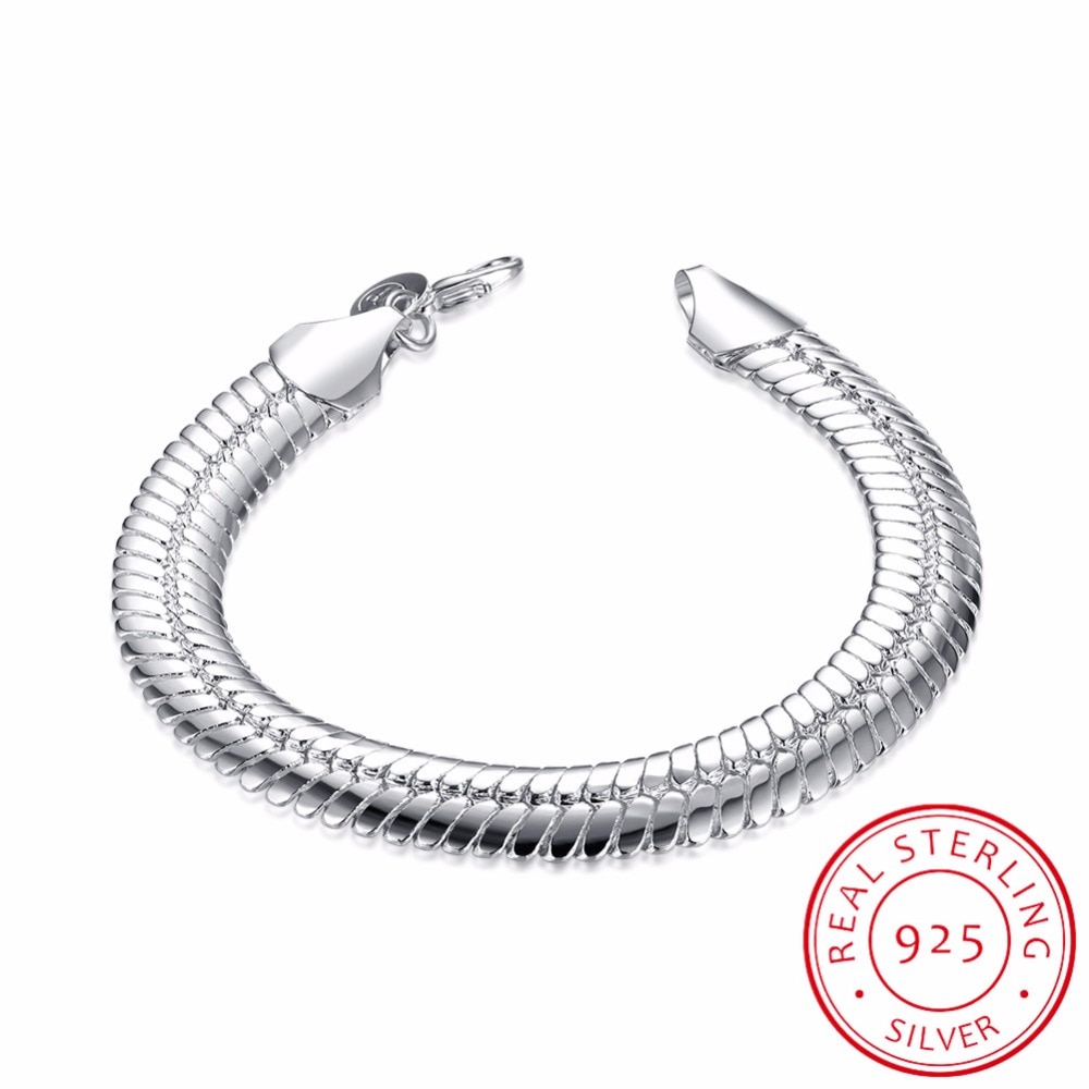 LEKANI 10mm Snake Link Chain Bracelet Men Fine Jewelry 925 Sterling Silver 21cm Bling Flat Snake Bracelets Bangles Male Gift
